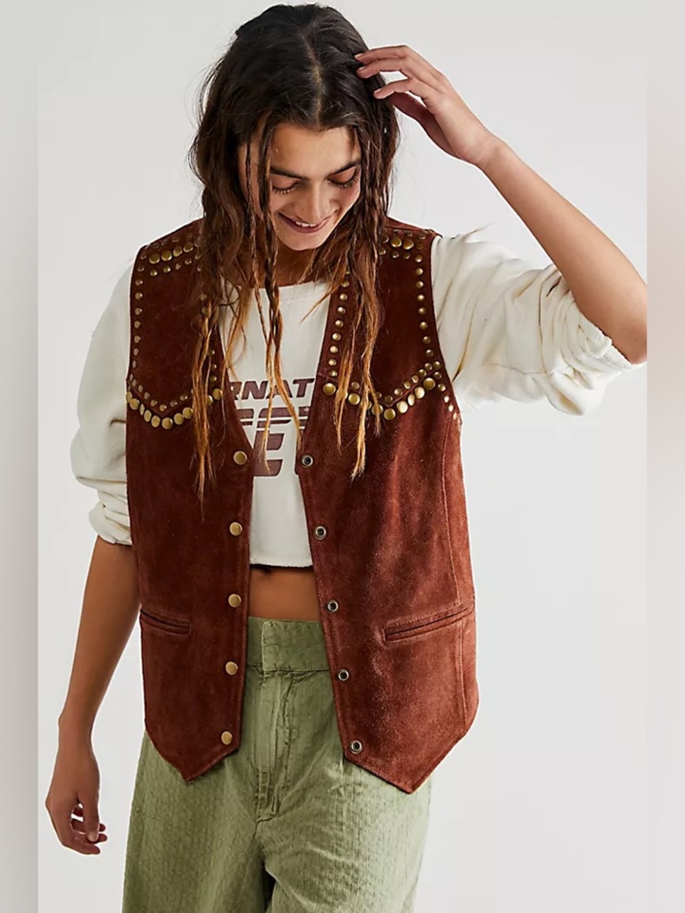 Understated Leather Brown Suede Studded Western Rachel Waistcoat Vest - Women